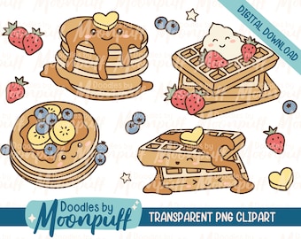 Kawaii Pancake and Waffles Clipart, Cute Breakfast PNG Clipart, Cute Food Clipart Digital Download