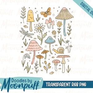 May include: A digital illustration of a collection of hand-drawn mushrooms, flowers, butterflies, a dragonfly, and a snail. The mushrooms are in various colors, including pink, yellow, blue, and red. The flowers are white and yellow. The butterfly is orange and black. The dragonfly is blue and green. The snail is brown. The illustration is on a white background.