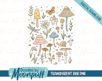 Mushroom Garden Rectangle Sublimation Design, Cute Fungi Floral PNG Clipart, Cottagecore Trendy Fall Autumn Digital Download, Commercial Use