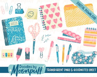 Office Supply Digital Planner Stickers, School Supplies Journal Images, Goodnotes Sticker Sheet, Cropped Transparent PNGs, Clipart