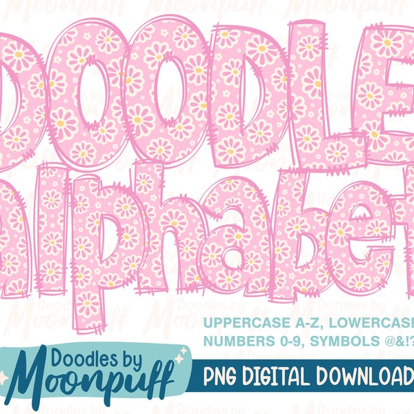 Bold Pink Floral Doodle Alphabet Letters Transparent PNGs, Daisies Sublimation Alphaset Doodle Clipart, Flowers Hand Drawn Girly Lettering