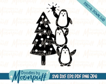 Penguins Decorating Christmas Tree Cute Hand Drawn SVG, Holiday Cut File, Christmas Penguin SVG, Penguin Clipart, dxf eps png jpg pdf