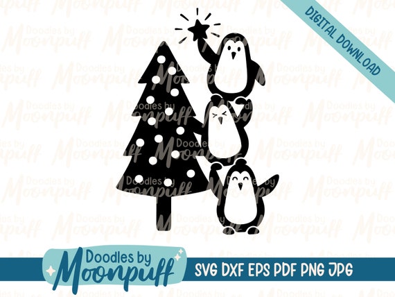 Penguins Decorating Christmas Tree Cute Hand Drawn SVG, Holiday Cut File, Christmas Penguin SVG, Penguin Clipart, dxf eps png jpg pdf