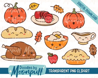 May include: A set of 10 Thanksgiving-themed digital clipart images. The images include a turkey, pumpkin, pie, bread, mashed potatoes, gravy, and fall leaves. The images are in a cartoon style with cute faces.