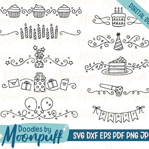 GeburtstagSparty Text Divider SVG Clipart, Handgezeichnete Geburtstagsfeier Swirl Rand Dekoratives Element Cut Datei, dxf eps png jpg pdf