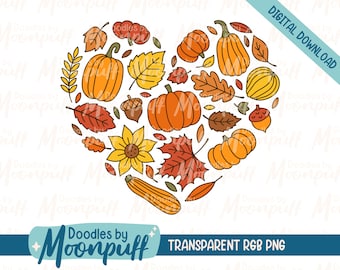 Autumn Heart in Bright Color Sublimation Design, Cute Fall PNG Clipart, Pumpkin Gourds Leaves Acorns Digital Download, Commercial Use