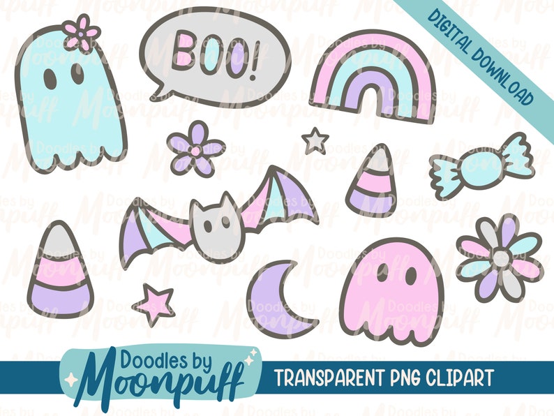 May include: A set of 12 digital clipart images featuring cute Halloween themed illustrations in pastel colors. The images include a ghost, a bat, a rainbow, a candy corn, a flower, a star, a moon, and a candy. The text "BOO!" is included in one of the images.