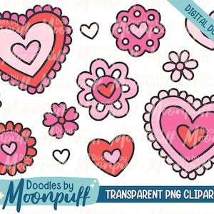 Doodle corações e flores em vermelho e rosa conjunto de clipart desenhado à mão, lindo design de arte do dia dos namorados, download digital PNG transparente