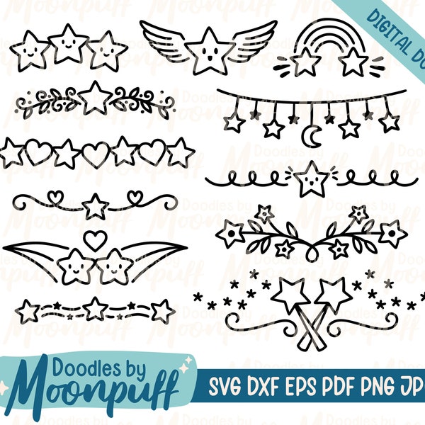 Cute Star Text Dividers SVG clipart, kawaii night sky swirls border decorative element flourish cut file, dxf eps png jpg pdf