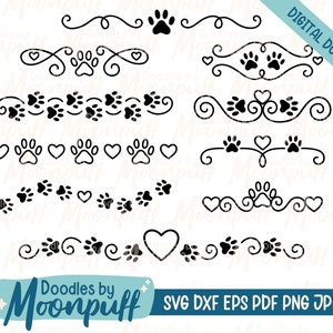 Patte dessinée à la main Imprimer Diviseurs de texte SVG clipart, mignon chien chat animaux de compagnie pistes tourbillonner cœurs bordure élément décoratif fichier coupé, dxf eps png jpg pdf