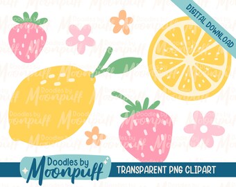 Strawberry Lemon Hand Drawn Clipart Set, Summer Fruit and Flowers Cute Art Design, Transparent PNG Digital Download