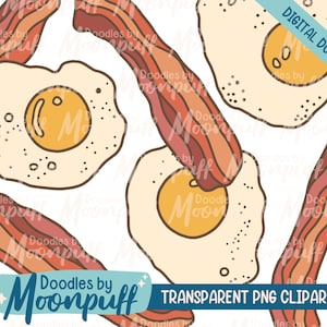 Bacon and Eggs Hand Drawn Clipart Set, Breakfast Food Cute Art Design, Transparent PNG Digital Download