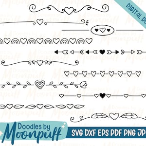Hand-Drawn Heart Dividers Set 3 - Long, borders SVG cut file, Valentines decorative element, heart flourishes clipart, dxf eps png jpg pdf