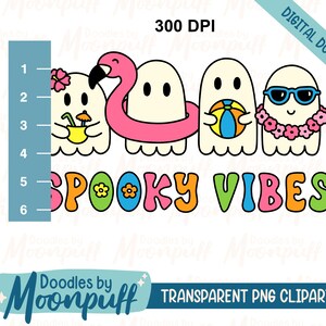 May include: Four white ghosts with different summer accessories, including a pink flamingo float, a beach ball, and a flower lei. The ghosts are arranged in a row with the text "SPOOKY VIBES" in colorful letters below them.