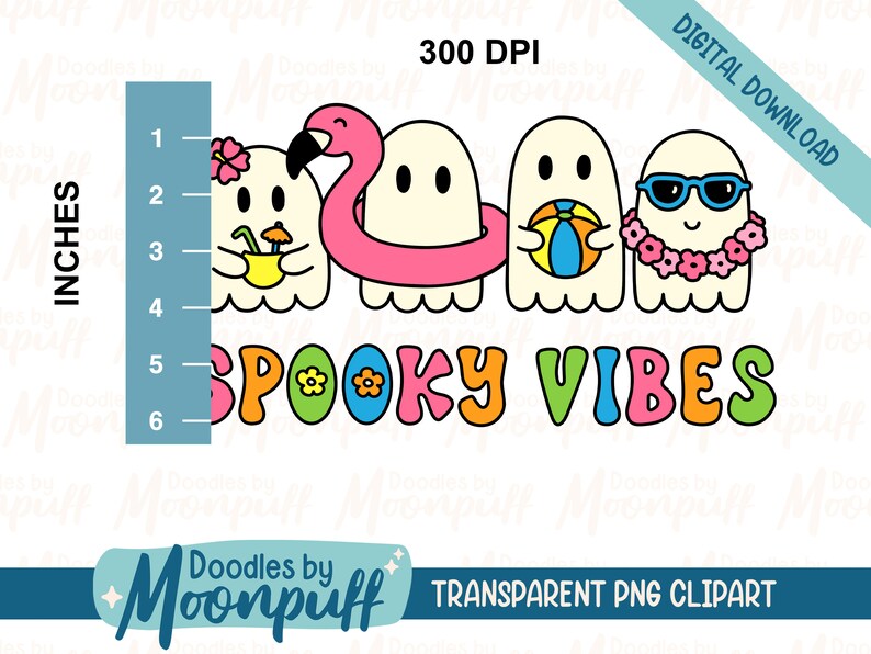 May include: Four white ghosts with different summer accessories, including a pink flamingo float, a beach ball, and a flower lei. The ghosts are arranged in a row with the text "SPOOKY VIBES" in colorful letters below them.