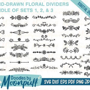 Hand-Drawn Floral Dividers Bundle - Borders SVG cut file, Flower decorative element, flourishes clipart, dxf eps png jpg pdf