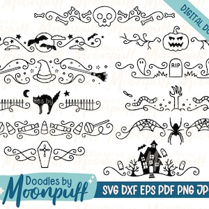 かわいいハロウィーンのテキスト区切り線 SVG クリップアート、不気味で不気味な装飾アート要素のカット ファイル、dxf eps png jpg pdf