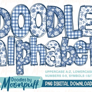 Blue Cottagecore Doodle Alphabet Letters Transparent PNGs, Sublimation Flowers Alphaset Clipart, Cute Hand Drawn Floral Gingham Lettering