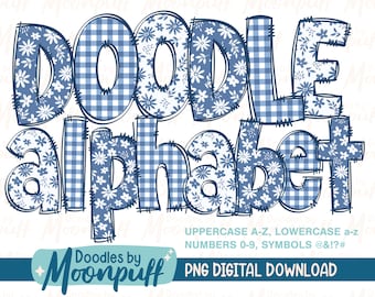 Blue Cottagecore Doodle Alphabet Letters Transparent PNGs, Sublimation Flowers Alphaset Clipart, Cute Hand Drawn Floral Gingham Lettering
