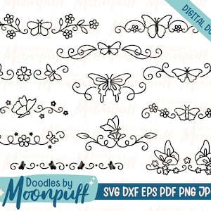 Butterfly Text Dividers SVG clipart, Hand-Drawn Nature Spring Insect Flowers swirl border decorative element cut file, dxf eps png jpg pdf
