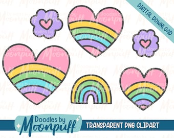 Rainbow Hearts in Pastel Colors Hand Drawn Clipart Set, Cute Valentines Art Design, Transparent PNG Digital Download