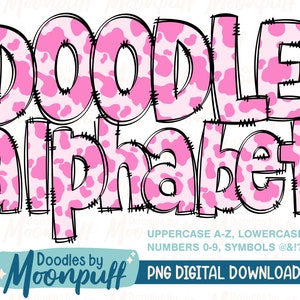 Pink Cow Print Doodle Alphabet Letters Transparent PNGs, Sublimation Alphaset Doodle Clipart, Cow Spots Animal Patterned Lettering