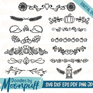Hand-Drawn Autumn Dividers SVG cut file, leaves fall pumpkin border decorative element, flourishes clipart, dxf eps png jpg pdf