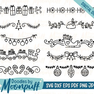 手描きのクリスマス仕切り SVG カット ファイル、お祝いの休日のボーダー装飾要素、そりの弓の装飾クリップアート、dxf eps png jpg pdf
