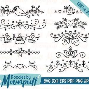 Ręcznie rysowane zimowe dzielniki SVG plik do cięcia, świąteczny sezonowy element dekoracyjny obramowania, śnieżne ostrokrzewy kwitną clipart, dxf eps png jpg pdf