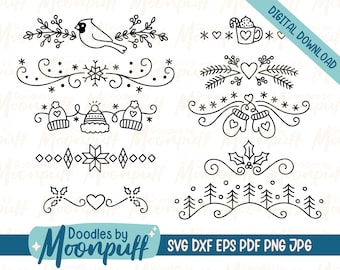 Divisores de invierno dibujados a mano Archivo de corte SVG, elemento decorativo de borde estacional de vacaciones, florituras de acebo de nieve clipart, dxf eps png jpg pdf