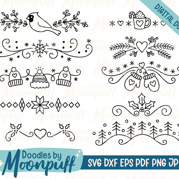 Hand-Drawn Winter Dividers SVG cut file, holiday seasonal border decorative element, snow holly flourishes clipart, dxf eps png jpg pdf