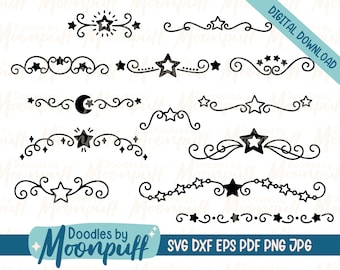 Hand-Drawn Star Dividers SVG cut file, star border decorative element, flourishes clipart, dxf eps png jpg pdf