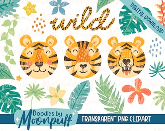 May include: A set of digital clipart featuring three cute tiger faces, jungle leaves, flowers, and the word "wild" in a striped font. The clipart is perfect for creating invitations, cards, and other crafts.