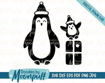 Baby Penguin Excited About Present Cute Hand Drawn SVG, Christmas Cut File, Holiday Penguin SVG, Penguin Clipart, dxf eps png jpg pdf