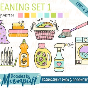 Cleaning Digital Planner Stickers Set 1 Pretty Pastels, Chore Journal Images, Goodnotes Sticker Sheet, Cropped Transparent PNGs, Clipart