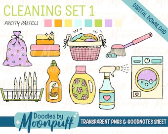 May include: A set of 9 pastel colored cleaning themed illustrations, including a laundry basket, a trash bag, a spray bottle, a dish rack, a bottle of dish soap, a bottle of laundry detergent, a broom, and a washing machine. The illustrations are in a cartoon style and are perfect for use in digital planners, scrapbooking, or other craft projects.
