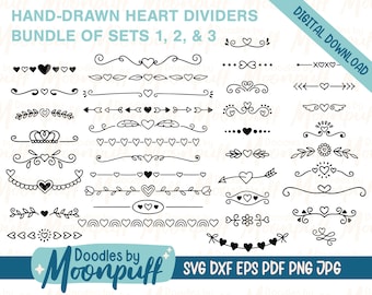 Fascio divisori a cuore disegnati a mano - bordi File di taglio SVG, elemento decorativo di San Valentino, cuore fiorisce clipart, dxf eps png jpg pdf