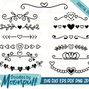 Hand-Drawn Heart Dividers Set 2 - Medium, borders SVG cut file, Valentines decorative element, heart flourishes clipart, dxf eps png jpg pdf