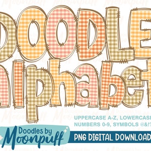 4 Color Autumn Gingham Doodle Alphabet Letters Transparent PNGs, Orange Pink Brown Fall Plaid Sublimation Alphaset Clipart, Cute Lettering