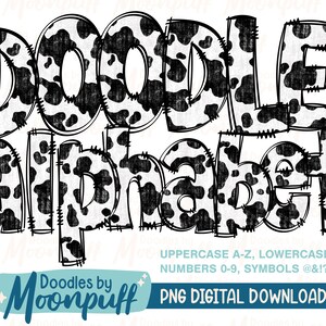 Distressed Black & White Cow Print Doodle Alphabet Letters Transparent PNGs, Sublimation Alphaset Doodle Clipart, Cow Spots Lettering