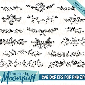 Divisores de texto de flora de inverno desenhados à mão Clipart SVG, flores florais sazonais de feriados borda arquivo de corte de elemento decorativo, dxf eps png jpg pdf