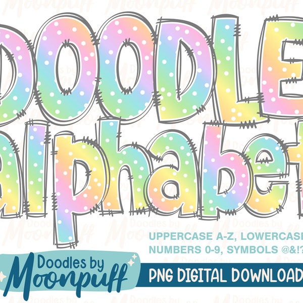 White Confetti on Pastel Rainbow Gradient Doodle Alphabet Letters Transparent PNGs, Sublimation Alphaset Doodle Clipart, Cute Lettering