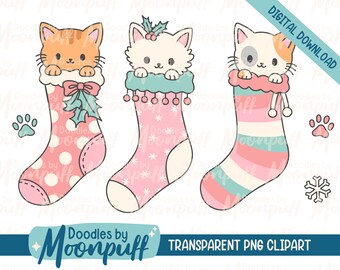 Kawaii Christmas Kitties Clipart, Pastel Christmas Cat PNG Clipart, Cute Christmas Cats Digital Download