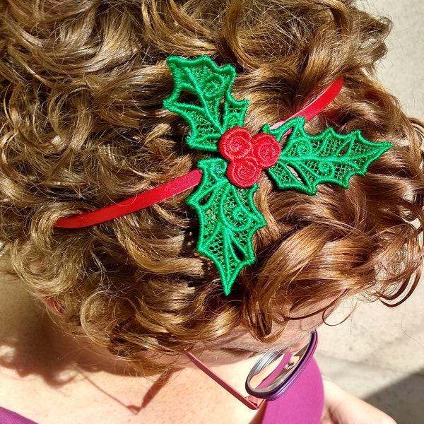 christmas holly and berries, christmas headband for women, embroidered holly,