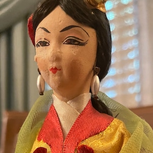 Collectable  Asian Wooden Art Doll ~ Stands 10 1/4 inches tall! ~ Silk Clothing