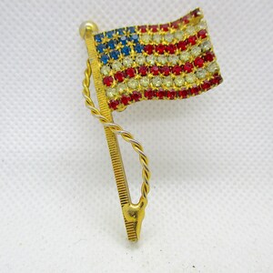 Vintage Gold Tone Wavy American Flag Pin with Red, White & Blue Rhinestones ~ July 4th / Memorial Day / Veterans Day