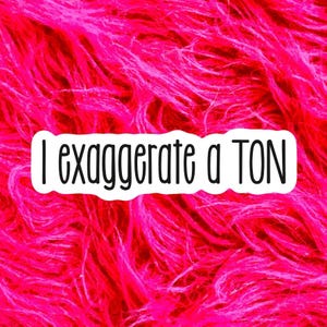 May include: A vibrant, close-up shot of a textured, hot pink background. A white rectangular sticker with the phrase "I exaggerate a TON" in black, handwritten-style font is centered on the image.