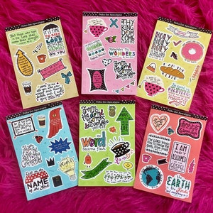May include: A set of 6 colorful sticker sheets with religious quotes and illustrations. The stickers feature polka dots, hearts, and other fun designs. The quotes include "It is time to seek the Lord", "Thy Kingdom Come", "From the earth the Lord delivers us", "The Word became flesh", "I am not ashamed of the Gospel", and "The Lord knows how to rescue the godly from trials".