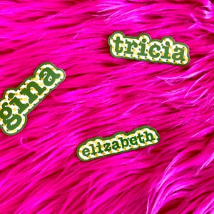 May include: Three green and yellow patterned stickers with the names "Gina", "Tricia", and "Elizabeth" on a pink fuzzy surface.