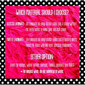 May include: A pink graphic with black polka dot borders. The text reads "WHICH MATERIAL SHOULD I CHOOSE?" and describes glossy and matte laminate options for stickers, with uses for laptops, water bottles, and more. It also advises against submerging in water.